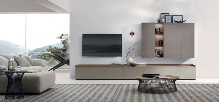 Modern living room with minimalist decor and wall shelves