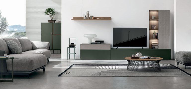 Modern living room with sleek furniture and large TV setup