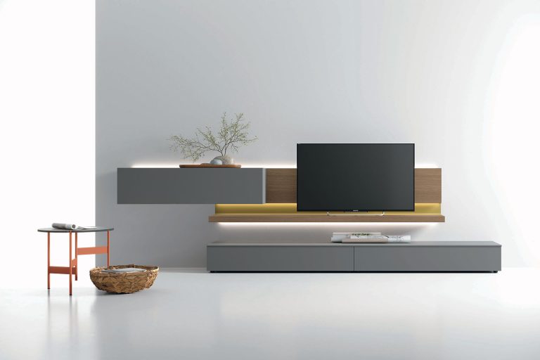 Modern minimalist living room with stylish TV unit and decor