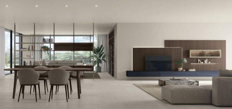 Modern open-plan living room and dining area with elegant decor