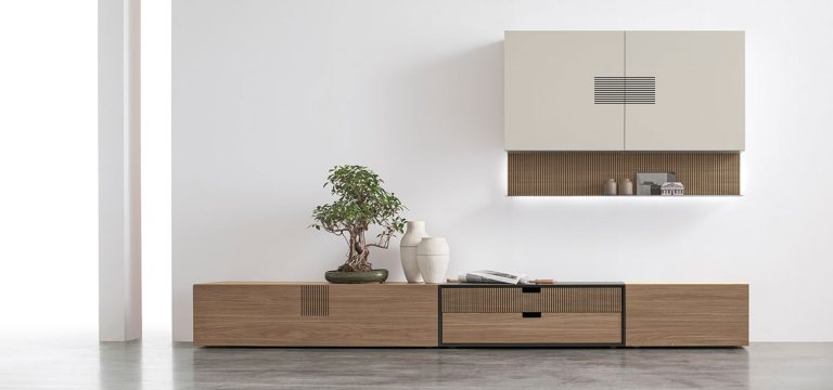 Modern minimalist living room with wooden cabinets and plants