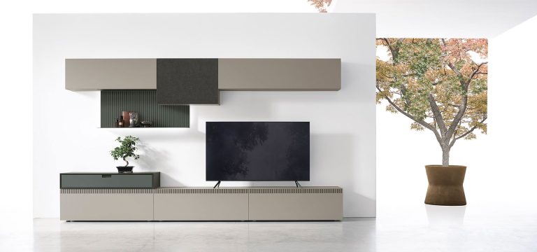 Modern minimalist living room with TV and stylish decor cabinets