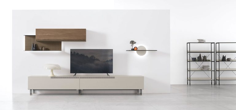 Modern living room with stylish wall-mounted TV unit